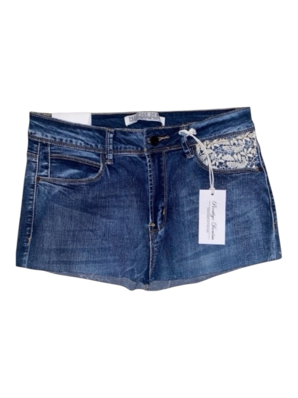 PRESTIGE DENIM Micro Mini Skirt w/Raw Cut Hem, Lace Embellishments BLUE Size 7